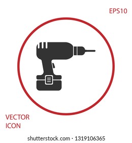 Grey Drill machine icon isolated on white background. Red circle button. Vector Illustration