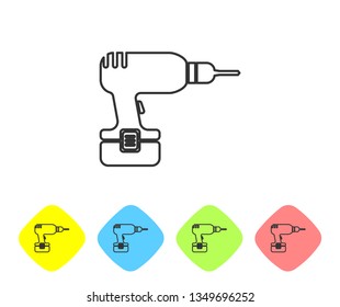 Grey Drill machine line icon isolated on white background. Set icon in color rhombus buttons. Vector Illustration