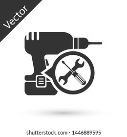 Grey Drill machine with screwdriver and wrench icon isolated on white background. Adjusting, service, setting, maintenance, repair, fixing.  Vector Illustration