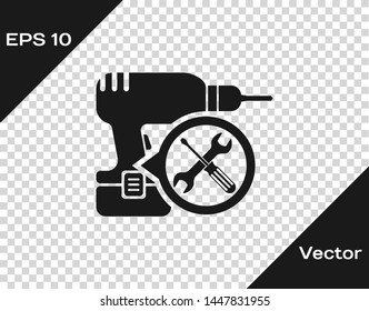 Grey Drill machine with screwdriver and wrench icon isolated on transparent background. Adjusting, service, setting, maintenance, repair, fixing.  Vector Illustration
