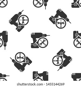 Grey Drill machine with screwdriver and wrench icon isolated seamless pattern on white background. Adjusting, service, setting, maintenance, repair, fixing.  Vector Illustration