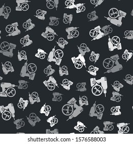 Grey Drill machine with screwdriver and wrench icon isolated seamless pattern on black background. Adjusting, service, setting, maintenance, repair, fixing.  Vector Illustration - Powered by Shutterstock - Get 15% off with code: PIKWIZARD15