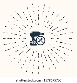 Grey Drill machine with screwdriver and wrench icon isolated on beige background. Adjusting, service, setting, maintenance, repair, fixing. Abstract circle random dots. Vector Illustration