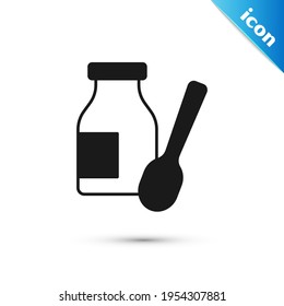 Yogur de bebida gris en frasco con icono de cuchara aislado sobre fondo blanco.  Vector