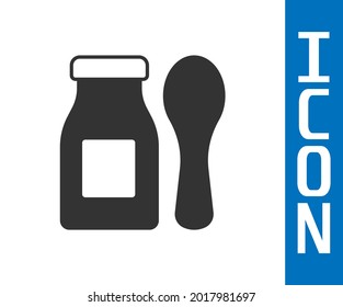 Grey Drinking yogurt in bottle with spoon icon isolated on white background. Baby food.  Vector