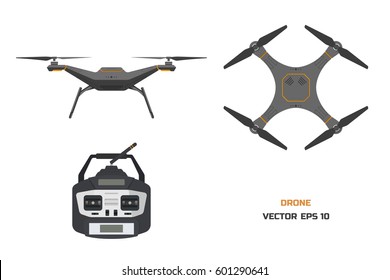 Grey drone on a white background. The control panel. Front, top view. Vector illustration