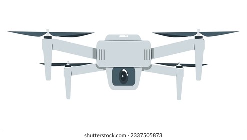 Grey Drone with Photo Camera on a white background. Electric drone flies. Drone Camera, Aerial Photograph, Flyover Video, Helicopter Vector, Helicam, Drone Quadcopter, Action Camera, Flat Icon. 2173