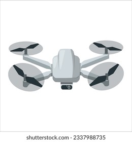 Grey Drone with Photo Camera on a white background. Electric drone flies. Drone Camera, Aerial Photograph, Flyover Video, Helicopter Vector, Helicam, Drone Quadcopter, Action Camera, Flat Icon. 2170