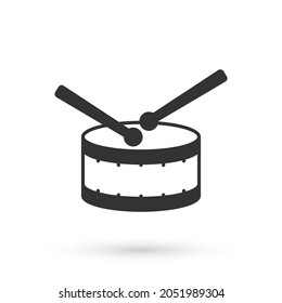 Grey Drum with drum sticks icon isolated on white background. Music sign. Musical instrument symbol.  Vector