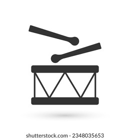 Grey Drum with drum sticks icon isolated on white background. Music sign. Musical instrument symbol.  Vector