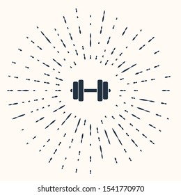 Grey Dumbbell icon isolated on beige background. Muscle lifting icon, fitness barbell, gym icon, sports equipment symbol, exercise bumbbell. Abstract circle random dots. Vector Illustration