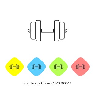 Grey Dumbbell line icon isolated on white background. Muscle lifting icon, fitness barbell, gym icon, sports equipment symbol, exercise bumbbell. Set icon in color rhombus buttons. Vector Illustration