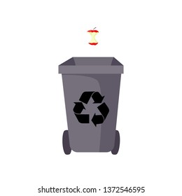 Grey dustbin and apple core. Refuse container for organic waste with recycling sign and wheels.  