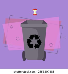 Grey dustbin and apple core. Refuse container for organic waste with recycling sign and wheels. Vector illustration can be used for topics like waste sorting, garbage, environment protection