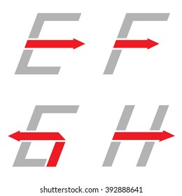 Grey E F G H letters with red arrows. Logo sign set, Motion concept