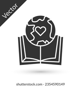 Globo gris de la Tierra e icono del libro aislado en fondo blanco. Signo mundial o terrestre. Símbolo global de internet. Formas geométricas.  Ilustración vectorial