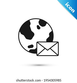 Grey Earth globe with mail and e-mail icon isolated on white background. Envelope symbol e-mail. Email message sign.  Vector