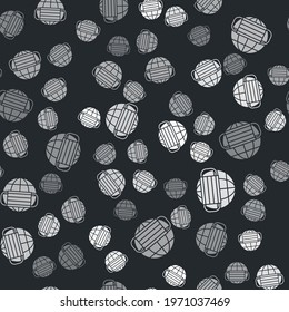 Grey Earth globe with medical mask icon isolated seamless pattern on black background.  Vector