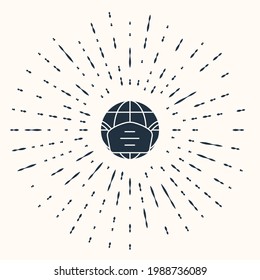 Grey Earth globe with medical mask icon isolated on beige background. Abstract circle random dots. Vector