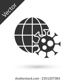 Grey Earth globe with virus icon isolated on white background. Corona virus 2019-nCoV. Bacteria and germs, cell cancer, microbe, fungi.  Vector