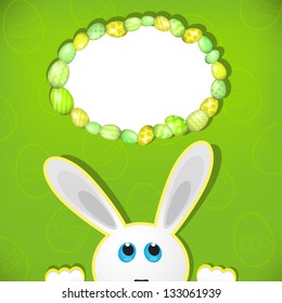 Grey Easter bunny look up in blank space. Easter background.