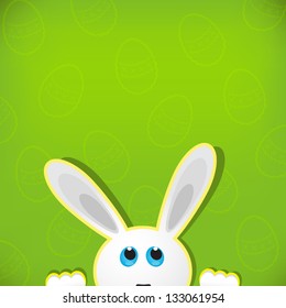 Grey Easter bunny look up in blank space. Easter background.