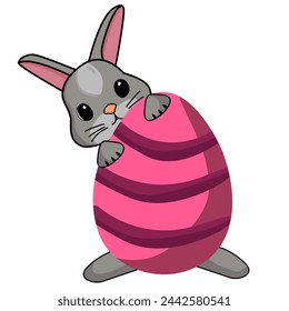 Grey Easter bunny rabbits and easter pink eggs vector illustration.