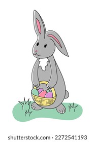 Grey easter rabbit and basket with colored eggs
