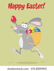 Grey Easter Rabbit Cartoon Character Running With A Basket And Egg. Vector Illustration Flat Design With Background And Text