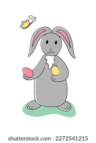 Grey easter rabbit with colored eggs and butterfly
