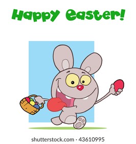 Grey easter rabbit running and holding up an egg and carrying a basket