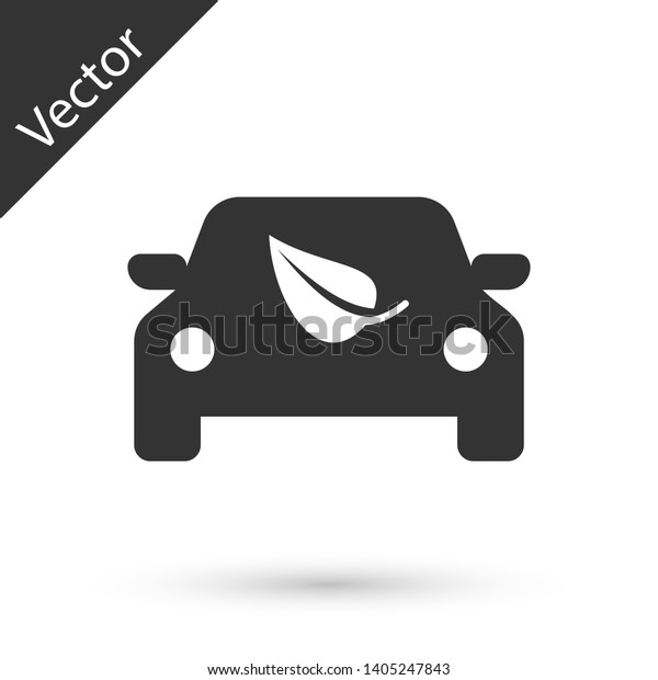 Grey Eco car\
concept drive with leaf icon isolated on white background. Green\
energy car symbol. Vector\
Illustration