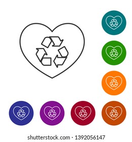 Grey Eco friendly heart line icon isolated on white background. Heart eco recycle nature bio. Environmental concept. Set icon in color circle buttons. Vector Illustration