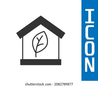 Grey Eco friendly house icon isolated on white background. Eco house with leaf.  Vector