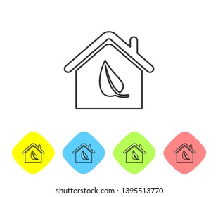Grey Eco friendly house line icon isolated on white background. Eco house with leaf. Set icon in color rhombus buttons. Vector Illustration