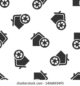 Grey Eco House with recycling symbol icon isolated seamless pattern on white background. Ecology home with recycle arrows. Vector Illustration