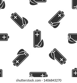 Grey Eco nature leaf and battery icon isolated seamless pattern on white background. Energy based on ecology saving concept. Vector Illustration