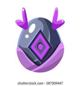 Grey Egg With Purple Horns And Square Decoration, Fantastic Natural Element Egg-Shaped Bright Color Vector Icon