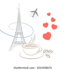 Grey Eiffel tower and plane and hearts on white background for valentine card. Vector illustration