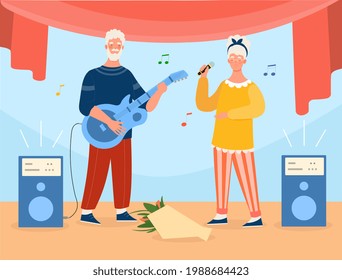 Grey elderly couple is playing guitar and singing on stage. Concept of active elderly people full of energy. Man and woman rehersing a song together. Flat cartoon vector illustration.