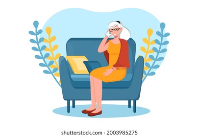 Grey elderly woman is talking on the phone from home. Elderly senior people having conference using cellphone. Online communication using smartphone and share news. Flat cartoon vector illustration