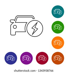 Grey Electric car and electrical cable plug charging line icon isolated on white background. Renewable eco technologies. Vector Illustration