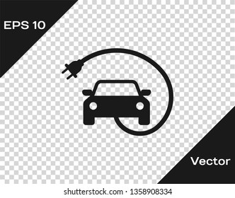 Grey Electric car and electrical cable plug charging icon isolated on transparent background. Renewable eco technologies. Vector Illustration