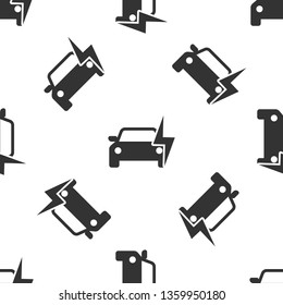 Grey Electric car and electrical cable plug charging icon isolated seamless pattern on white background. Renewable eco technologies. Vector Illustration
