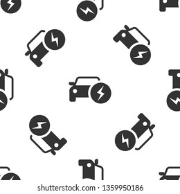 Grey Electric car and electrical cable plug charging icon isolated seamless pattern on white background. Renewable eco technologies. Vector Illustration