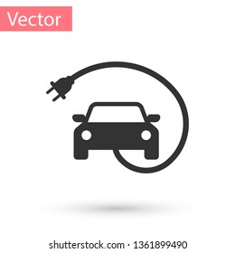 Grey Electric car and electrical cable plug charging icon isolated on white background. Renewable eco technologies. Vector Illustration