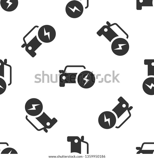 Grey Electric car and electrical\
cable plug charging icon isolated seamless pattern on white\
background. Renewable eco technologies. Vector\
Illustration
