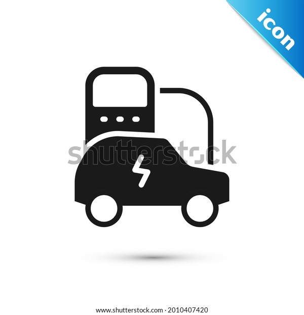 Grey Electric car and electrical cable plug\
charging icon isolated on white background. Renewable eco\
technologies.  Vector