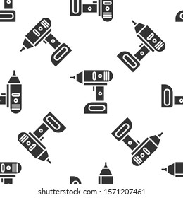 Grey Electric cordless screwdriver icon isolated seamless pattern on white background. Electric drill machine. Repair tool.  Vector Illustration