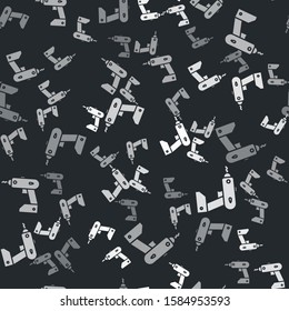 Grey Electric cordless screwdriver icon isolated seamless pattern on black background. Electric drill machine. Repair tool.  Vector Illustration